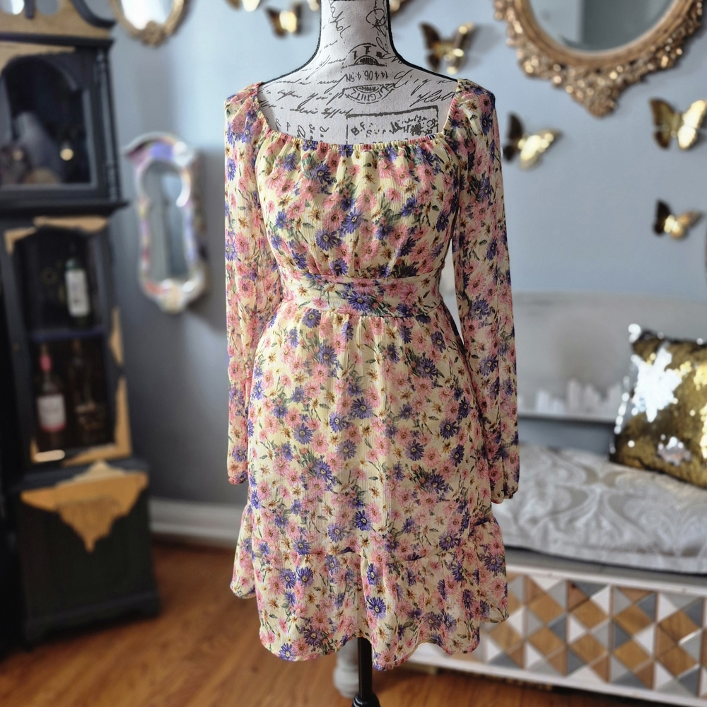 Rewind Barbiecore Cottagecore 70s-Style Yellow Floral Sheer-Sleeve Mini Dress XS